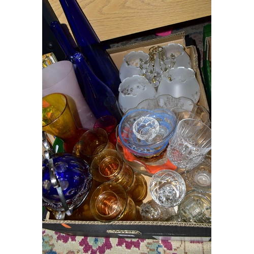 431 - THREE BOXES AND LOOSE GLASSWARES AND CERAMICS, to include a boxed set of six Webb Corbett glasses, a... 