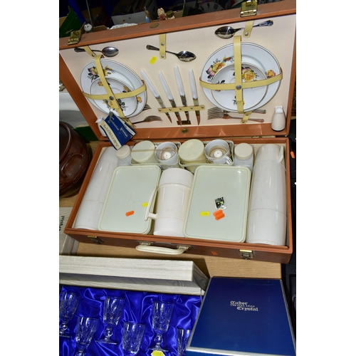 433 - ONE BOX OF CHINA TEAWARES, TWO BOXED SETS OF STUART CRYSTAL GLASSES AND A BREXTON LUXURY PICNIC SET,... 