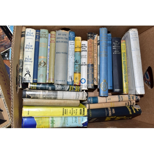 435 - TWO BOXES OF MILITARY BOOKS, to include over fifty books covering the subject of the Second World Wa... 