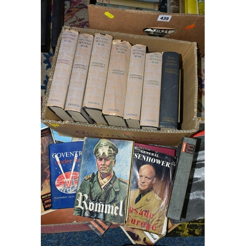 435 - TWO BOXES OF MILITARY BOOKS, to include over fifty books covering the subject of the Second World Wa... 