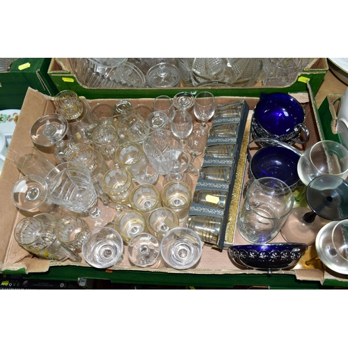 436 - FIVE BOXES OF GLASSWARE, to include coloured pressed glass dessert dishes, vases, five mid-century o... 