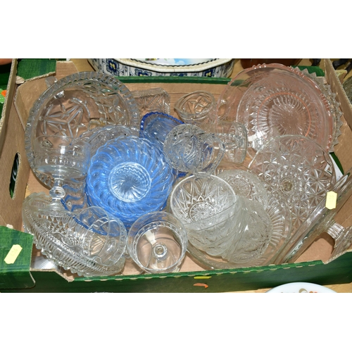 436 - FIVE BOXES OF GLASSWARE, to include coloured pressed glass dessert dishes, vases, five mid-century o... 