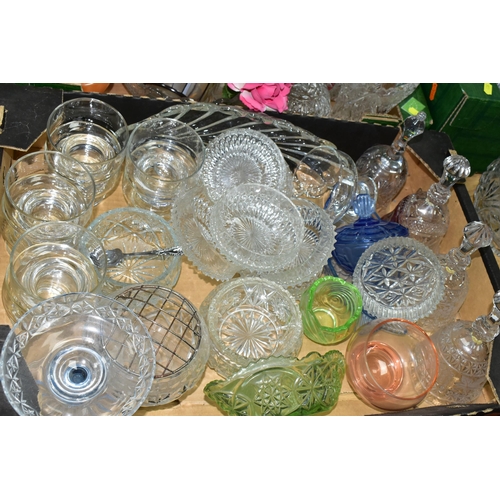 436 - FIVE BOXES OF GLASSWARE, to include coloured pressed glass dessert dishes, vases, five mid-century o... 