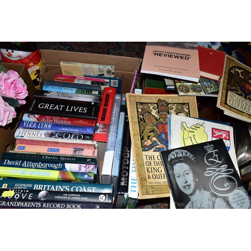 437 - FIVE BOXES OF ASSORTED SUNDRIES, to include books, stainless steel tea set, ice bucket, a boxed 4ft ... 