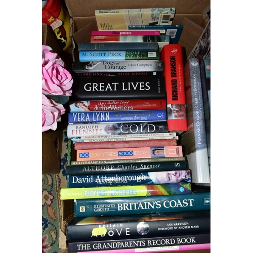 437 - FIVE BOXES OF ASSORTED SUNDRIES, to include books, stainless steel tea set, ice bucket, a boxed 4ft ... 