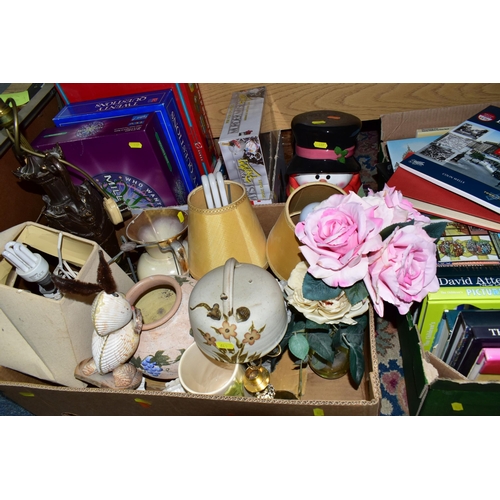 437 - FIVE BOXES OF ASSORTED SUNDRIES, to include books, stainless steel tea set, ice bucket, a boxed 4ft ... 