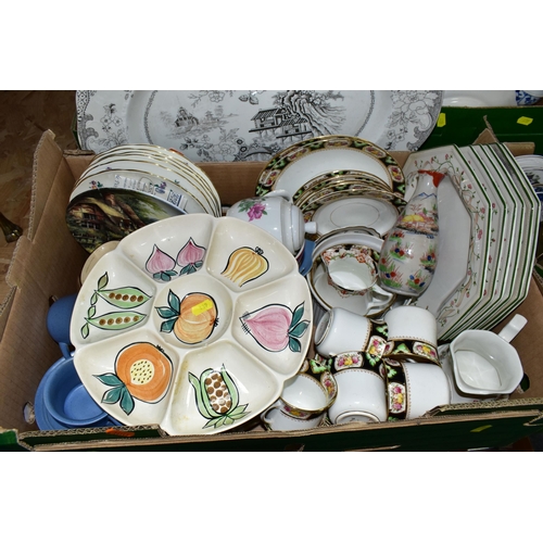 439 - FIVE BOXES OF CERAMICS, to include a large black and white Royal Doulton 'Willow' pattern meat plate... 