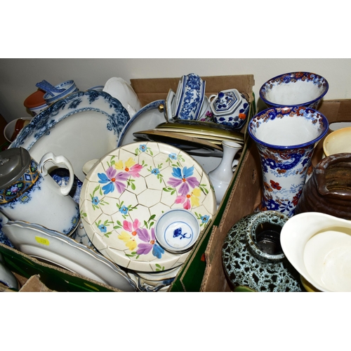 439 - FIVE BOXES OF CERAMICS, to include a large black and white Royal Doulton 'Willow' pattern meat plate... 