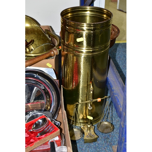 441 - TWO BOXES OF METALWARE, to include a brass umbrella stand, copper bed warmer, brass coal scuttle and... 