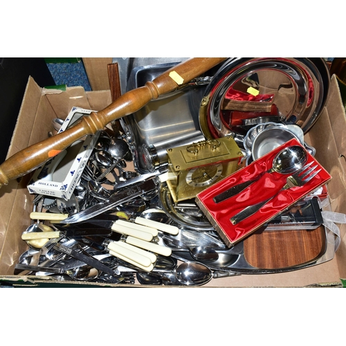 441 - TWO BOXES OF METALWARE, to include a brass umbrella stand, copper bed warmer, brass coal scuttle and... 