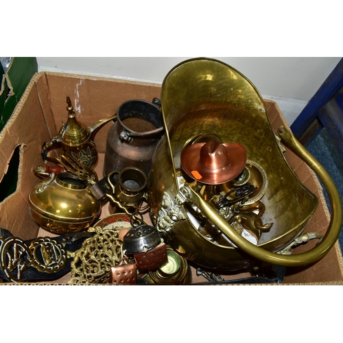 441 - TWO BOXES OF METALWARE, to include a brass umbrella stand, copper bed warmer, brass coal scuttle and... 