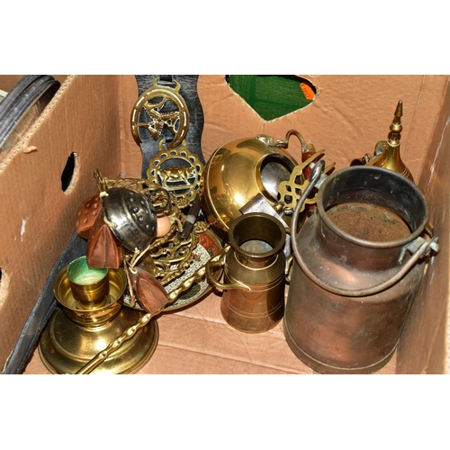 441 - TWO BOXES OF METALWARE, to include a brass umbrella stand, copper bed warmer, brass coal scuttle and... 