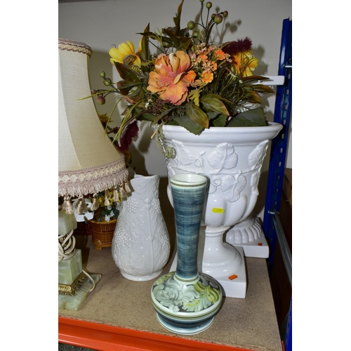 447 - A QUANTITY OF PLANTERS, LARGE VASES AND TABLE LAMPS, to include a Portmeirion white Parian ware Brit... 