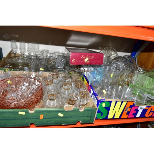 451 - FOUR BOXES OF COLOURED AND PRESSED GLASSWARE, comprising a green dressing table vanity set, sundae d... 