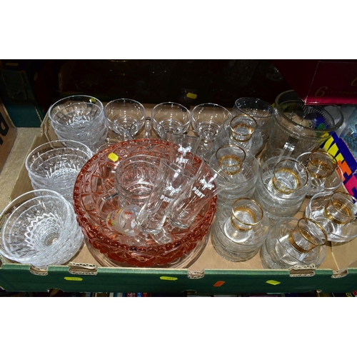 451 - FOUR BOXES OF COLOURED AND PRESSED GLASSWARE, comprising a green dressing table vanity set, sundae d... 