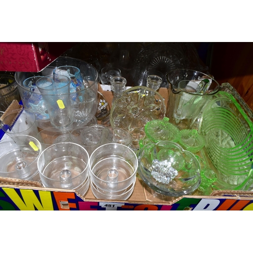 451 - FOUR BOXES OF COLOURED AND PRESSED GLASSWARE, comprising a green dressing table vanity set, sundae d... 