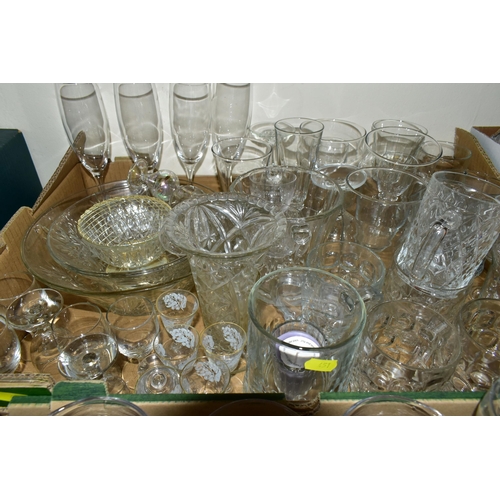 451 - FOUR BOXES OF COLOURED AND PRESSED GLASSWARE, comprising a green dressing table vanity set, sundae d... 