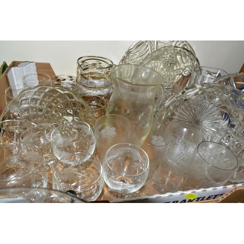 451 - FOUR BOXES OF COLOURED AND PRESSED GLASSWARE, comprising a green dressing table vanity set, sundae d... 