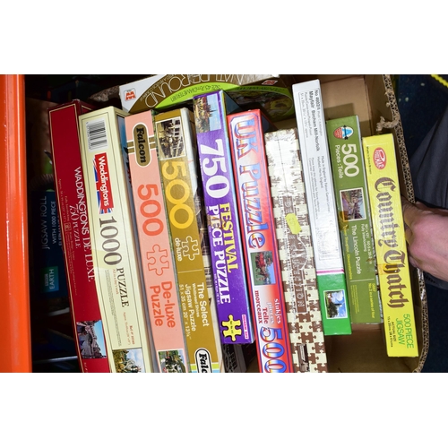 452 - TWO BOXES OF ASSORTED JIGSAW PUZZLES, to include seventeen boxed jigsaw puzzles, maker's names compr... 