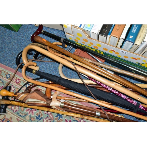 454 - FOUR BOXES OF SMALL FRAMED PRINTS, WALKING STICKS AND BOOKS, to include over thirty assorted books, ... 