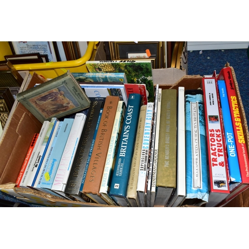 454 - FOUR BOXES OF SMALL FRAMED PRINTS, WALKING STICKS AND BOOKS, to include over thirty assorted books, ... 