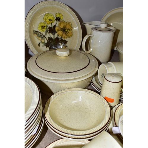 458 - A POOLE POTTERY BROADSTONE COMPACT SHAPE DINNER SET, comprising one sugar bowl, two egg cups, salt a... 