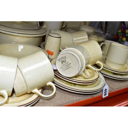 458 - A POOLE POTTERY BROADSTONE COMPACT SHAPE DINNER SET, comprising one sugar bowl, two egg cups, salt a... 