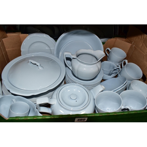 460 - THREE BOXES OF JOHNSON BROTHERS BLUE DINNER WARES, to include teapots, dinner plates, jugs, bowls, c... 