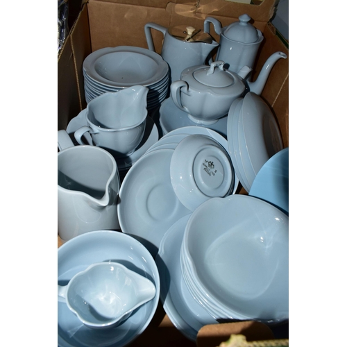 460 - THREE BOXES OF JOHNSON BROTHERS BLUE DINNER WARES, to include teapots, dinner plates, jugs, bowls, c... 