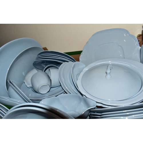 460 - THREE BOXES OF JOHNSON BROTHERS BLUE DINNER WARES, to include teapots, dinner plates, jugs, bowls, c... 