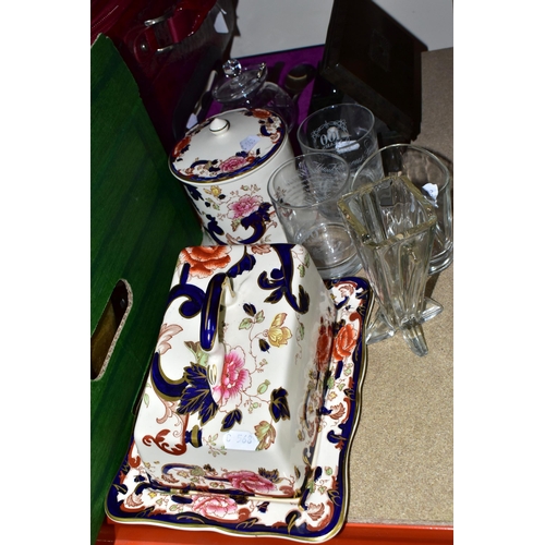 462 - ONE BOX OF MISCELLANEOUS ITEMS, to include a red faux croc Charlotte Reid suitcase, a Mason's 'Manda... 