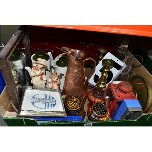 462 - ONE BOX OF MISCELLANEOUS ITEMS, to include a red faux croc Charlotte Reid suitcase, a Mason's 'Manda... 