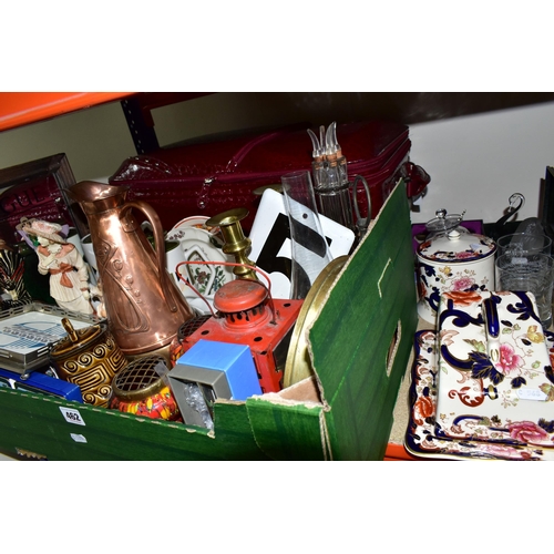 462 - ONE BOX OF MISCELLANEOUS ITEMS, to include a red faux croc Charlotte Reid suitcase, a Mason's 'Manda... 