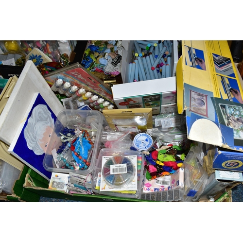 463 - FIVE BOXES OF HABERDASHERY AND CRAFTING TOOLS AND MATERIALS, to include boxed Spectrum Aqua pens, pa... 