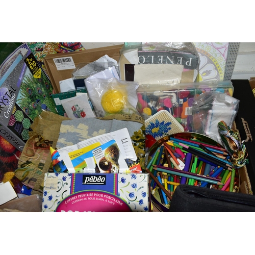 463 - FIVE BOXES OF HABERDASHERY AND CRAFTING TOOLS AND MATERIALS, to include boxed Spectrum Aqua pens, pa... 