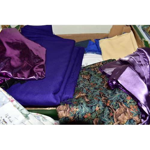 464 - SIX BOXES OF ASSORTED FABRIC AND VINTAGE PATTERNED MATERIAL, to include an assortment of colours and... 