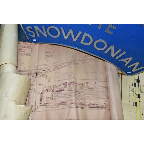 467 - A TRAIN NAMEPLATE 'THE SNOWDONIAN' probable reproduction, restored, 32   x 12.5   and a box of Railw... 