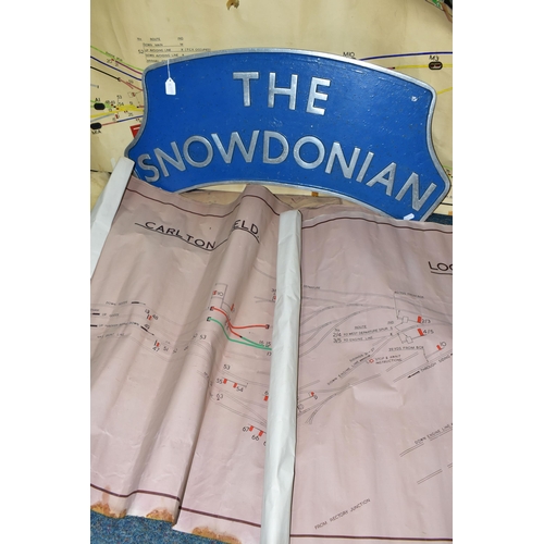 467 - A TRAIN NAMEPLATE 'THE SNOWDONIAN' probable reproduction, restored, 32   x 12.5   and a box of Railw... 