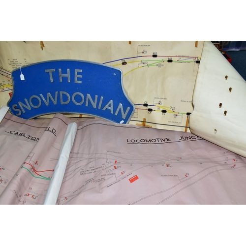 467 - A TRAIN NAMEPLATE 'THE SNOWDONIAN' probable reproduction, restored, 32   x 12.5   and a box of Railw... 