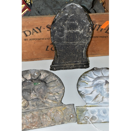 468 - A COLLECTION OF METAL FIRE MARKS OR FIRE INSURANCE PLAQUES, comprising eight plaques, mainly lead an... 