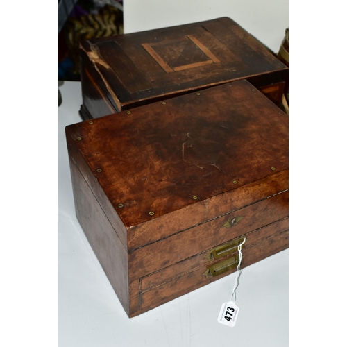 473 - THREE WOODEN BOXES, comprising a Victorian burr walnut rectangular apothecaries box, the hinged cove... 