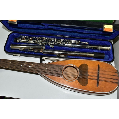 477 - AN OTTO GROH TRAVEL MANDOLIN, an Evette flute with pitted chrome finish and case and a box containin... 