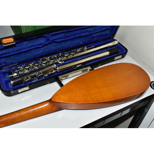 477 - AN OTTO GROH TRAVEL MANDOLIN, an Evette flute with pitted chrome finish and case and a box containin... 