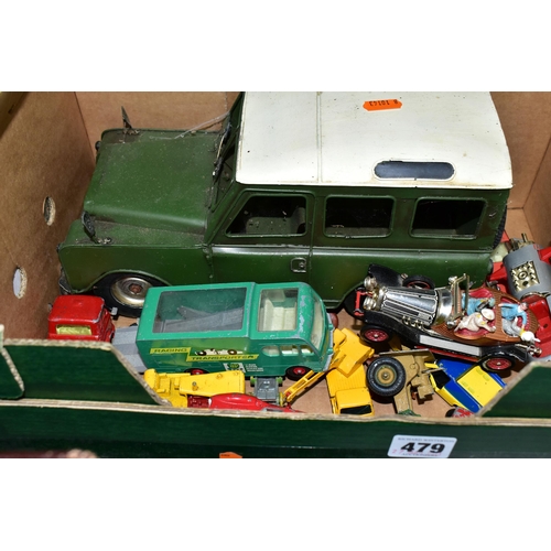 479 - A BOX OF PLAYWORN DIECAST VEHICLES, to include a Corgi Toys Chitty Chitty Bang Bang, having working ... 