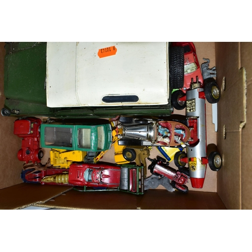 479 - A BOX OF PLAYWORN DIECAST VEHICLES, to include a Corgi Toys Chitty Chitty Bang Bang, having working ... 