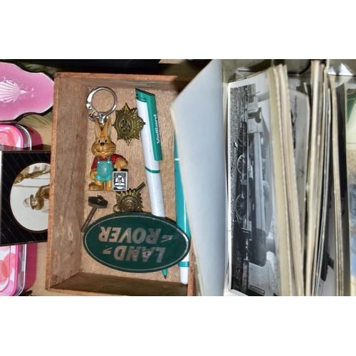 482 - A BOX CONTAINING RAILWAY INTEREST POSTCARDS, FOREIGN COINS AND BANKNOTES, SILVER AND PINK ENAMEL BAC... 