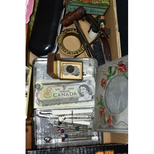 482 - A BOX CONTAINING RAILWAY INTEREST POSTCARDS, FOREIGN COINS AND BANKNOTES, SILVER AND PINK ENAMEL BAC... 