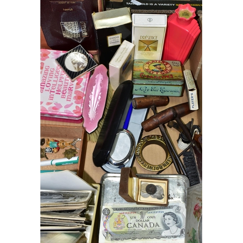 482 - A BOX CONTAINING RAILWAY INTEREST POSTCARDS, FOREIGN COINS AND BANKNOTES, SILVER AND PINK ENAMEL BAC... 