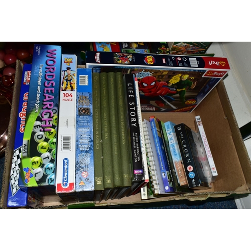 483 - TWO BOXES AND LOOSE GAMES, BOOKS AND RECORDS, to include sixteen boxed games and jigsaw puzzles, ele... 