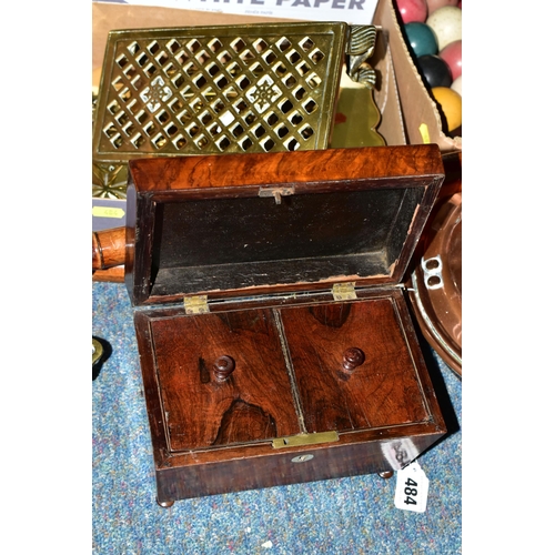 484 - THREE BOXES AND LOOSE LAMP, METALWARES, TREEN AND SUNDRY ITEMS, to include a brass oil lamp with gla... 